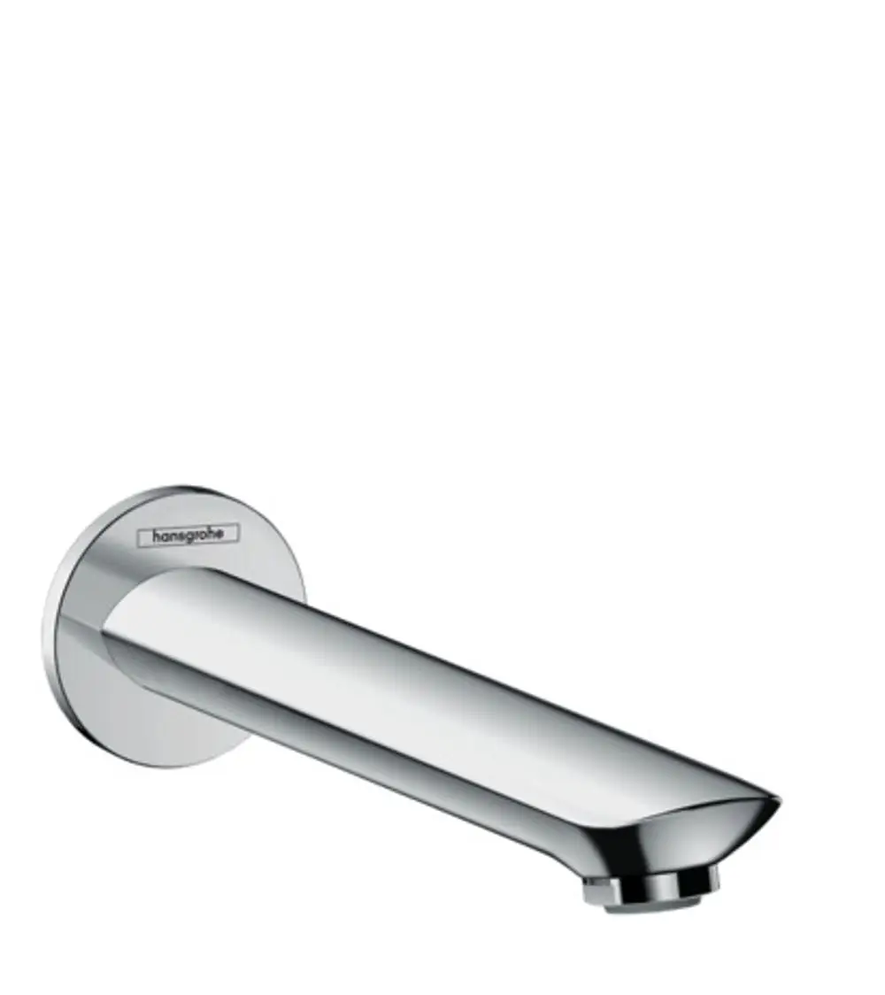 Chromfarbener Wanneneinlauf von Hansgrohe mit gerader Auslaufform und runder Wandmontage. Minimalistisches Design für Badezimmerinstallationen.